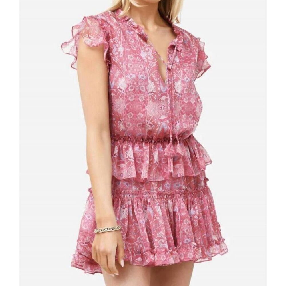 Misa Los Angeles Lillian Floral Print Ruffle‎ Mini Dress Washed Rose Lilac Large